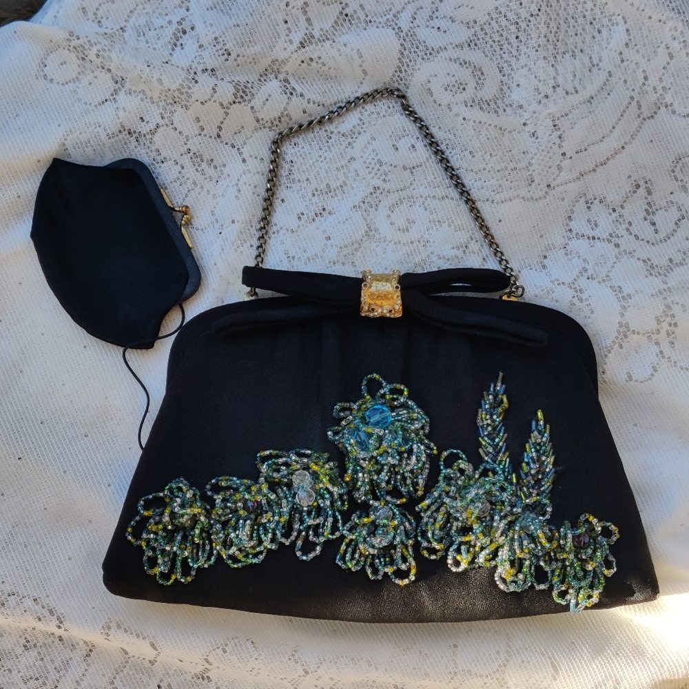 Vintage Mid Century 1950s 1960s Black Beaded Evening Bag w/ Attached Coin Purse